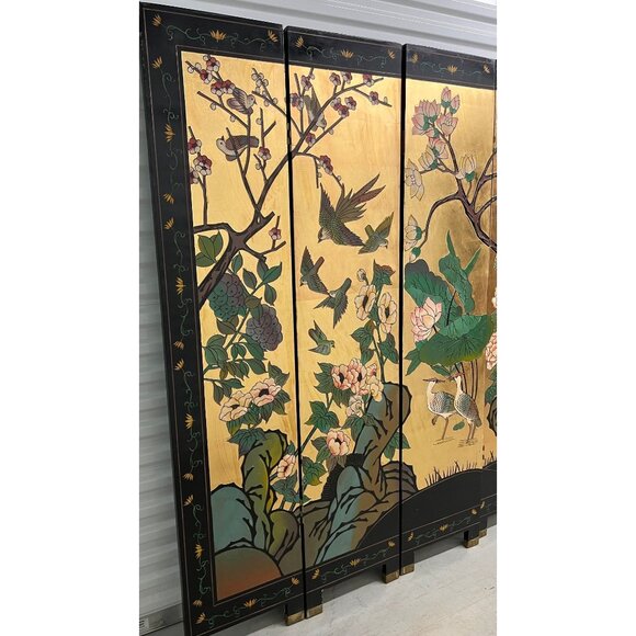 Vintage 1950's Oriental Asian Chinioiserie Gold Coromandel 4 Panel Screen Divide - Picture 7 of 10